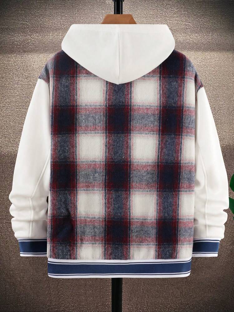 Loose Fit Men's Plaid Printed Jacket With Letter Patches