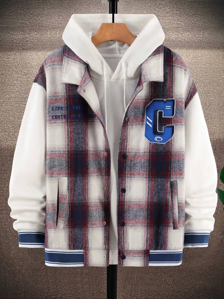 Loose Fit Men's Plaid Printed Jacket With Letter Patches