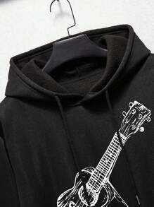 男士吉他印花袋鼠口袋抽繩連帽衫 - 黑色 - 查看 5