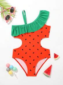 Young Girl Watermelon Print Ruffle Trim Cut Out One Piece Swimsuit - Multicolor - View 1