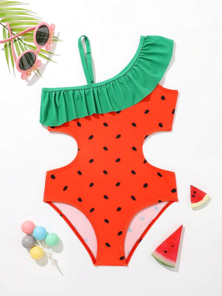 Young Girl Watermelon Print Ruffle Trim Cut Out One Piece Swimsuit - Multicolor - View 1