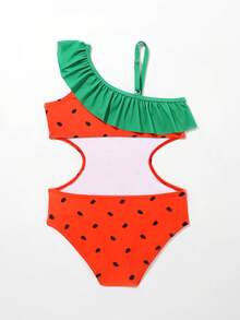 Young Girl Watermelon Print Ruffle Trim Cut Out One Piece Swimsuit - Multicolor - View 2