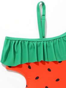 Young Girl Watermelon Print Ruffle Trim Cut Out One Piece Swimsuit - Multicolor - View 3