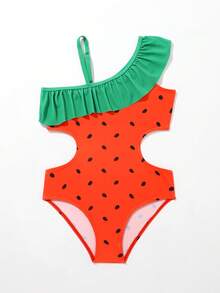 Young Girl Watermelon Print Ruffle Trim Cut Out One Piece Swimsuit - Multicolor - View 5
