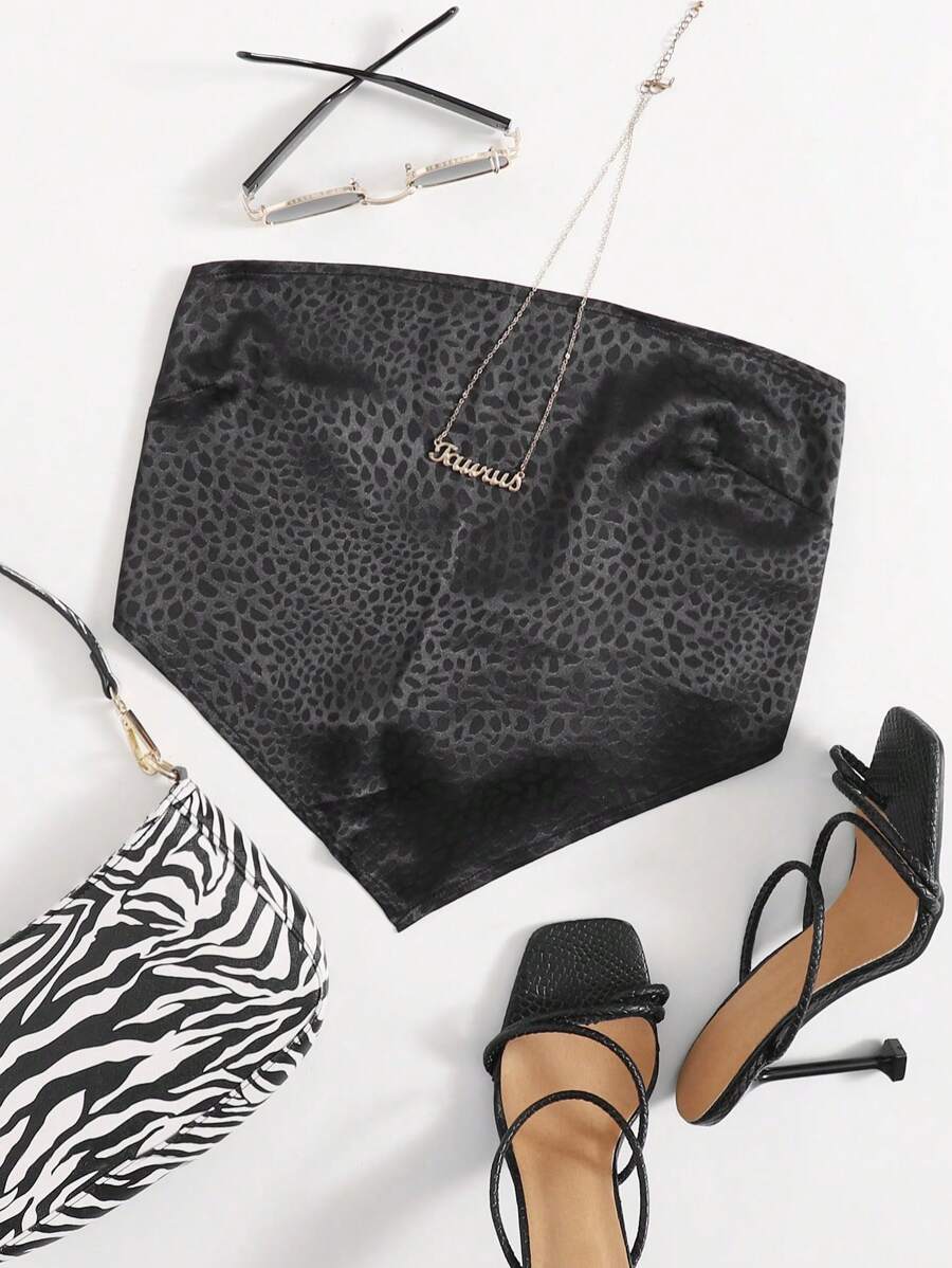 SHEIN Unity 緞面提花後綁帶短款手帕抹胸上衣 - 黑色 - 查看 1