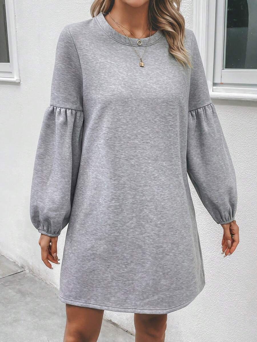 SHEIN LUNE Solid Lantern Sleeve Tee Dress - Light Grey - View 1