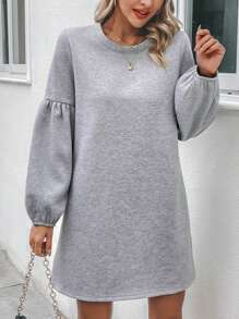 SHEIN LUNE Solid Lantern Sleeve Tee Dress - Light Grey - View 3