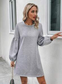 SHEIN LUNE Solid Lantern Sleeve Tee Dress - Light Grey - View 4