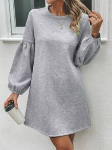 SHEIN LUNE Solid Lantern Sleeve Tee Dress - Light Grey - View 6