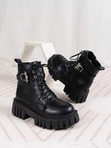 黑色英倫風情馬丁靴,時尚厚下裝,繫帶&搭扣設計,側拉鍊女性靴子 - 黑色 - 查看 1