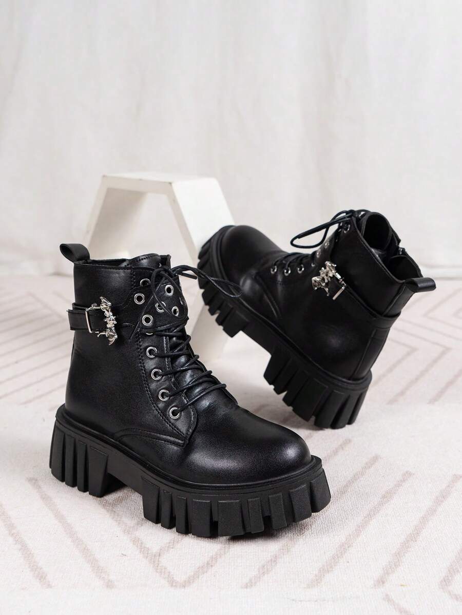 黑色英倫風情馬丁靴,時尚厚下裝,繫帶&搭扣設計,側拉鍊女性靴子 - 黑色 - 查看 1