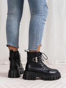 黑色英倫風情馬丁靴,時尚厚下裝,繫帶&搭扣設計,側拉鍊女性靴子 - 黑色 - 查看 2