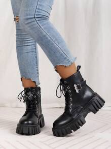 黑色英倫風情馬丁靴,時尚厚下裝,繫帶&搭扣設計,側拉鍊女性靴子 - 黑色 - 查看 3