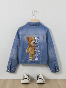 SHEIN Tween Boy Bear Print Denim Jacket - Medium Wash - View 1