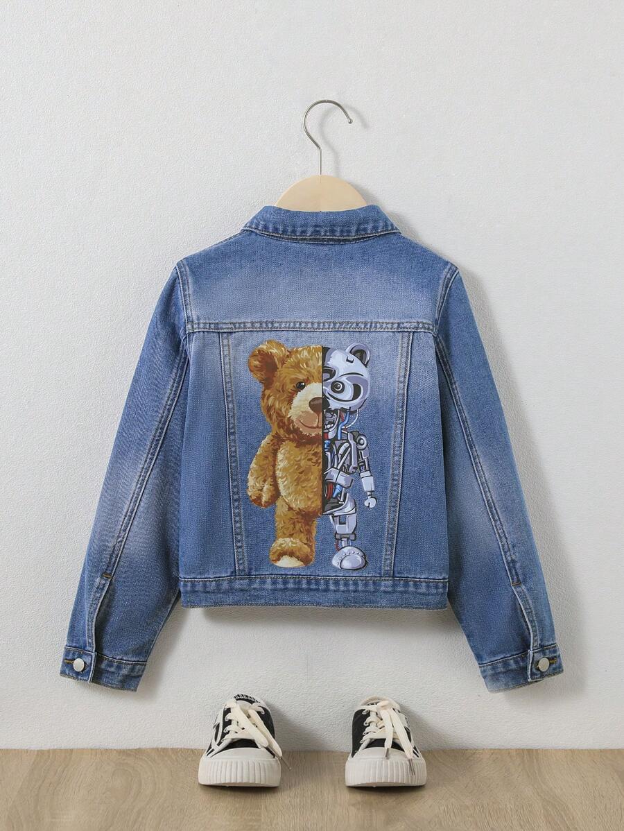 SHEIN Tween Boy Bear Print Denim Jacket - Medium Wash - View 1