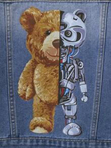 SHEIN Tween Boy Bear Print Denim Jacket - Medium Wash - View 4