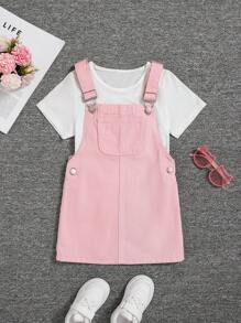 SHEIN Young Girl Patched Pocket Overall Denim Dress Without Tee - Baby Pink - View 1