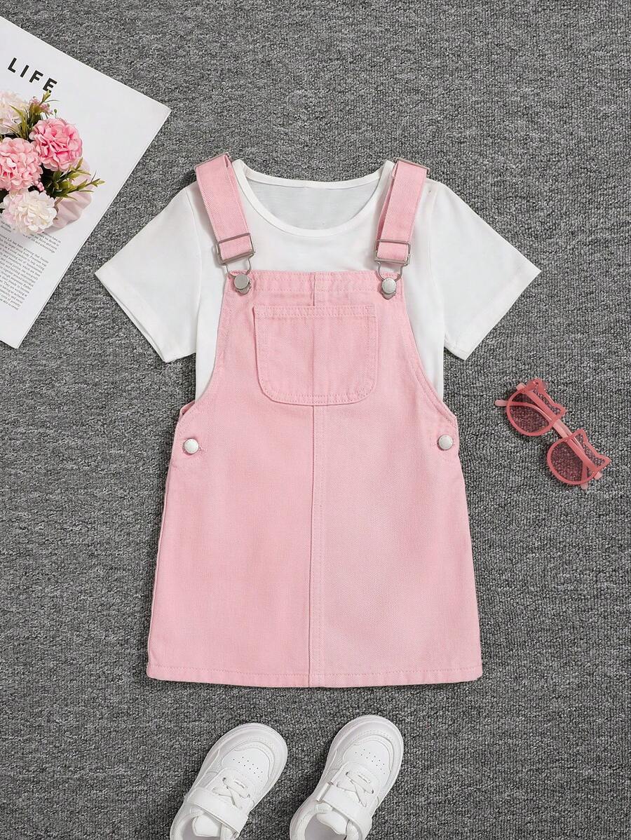 SHEIN Young Girl Patched Pocket Overall Denim Dress Without Tee - Baby Pink - View 1