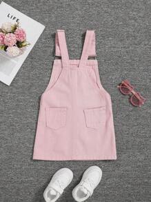SHEIN Young Girl Patched Pocket Overall Denim Dress Without Tee - Baby Pink - View 4