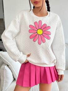 Muchica 休閒亮片拼接花卉印花女士衛衣 - 白色 - 查看 4