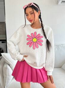 Muchica 休閒亮片拼接花卉印花女士衛衣 - 白色 - 查看 5