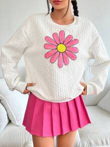 Muchica 休閒亮片拼接花卉印花女士衛衣 - 白色 - 查看 1