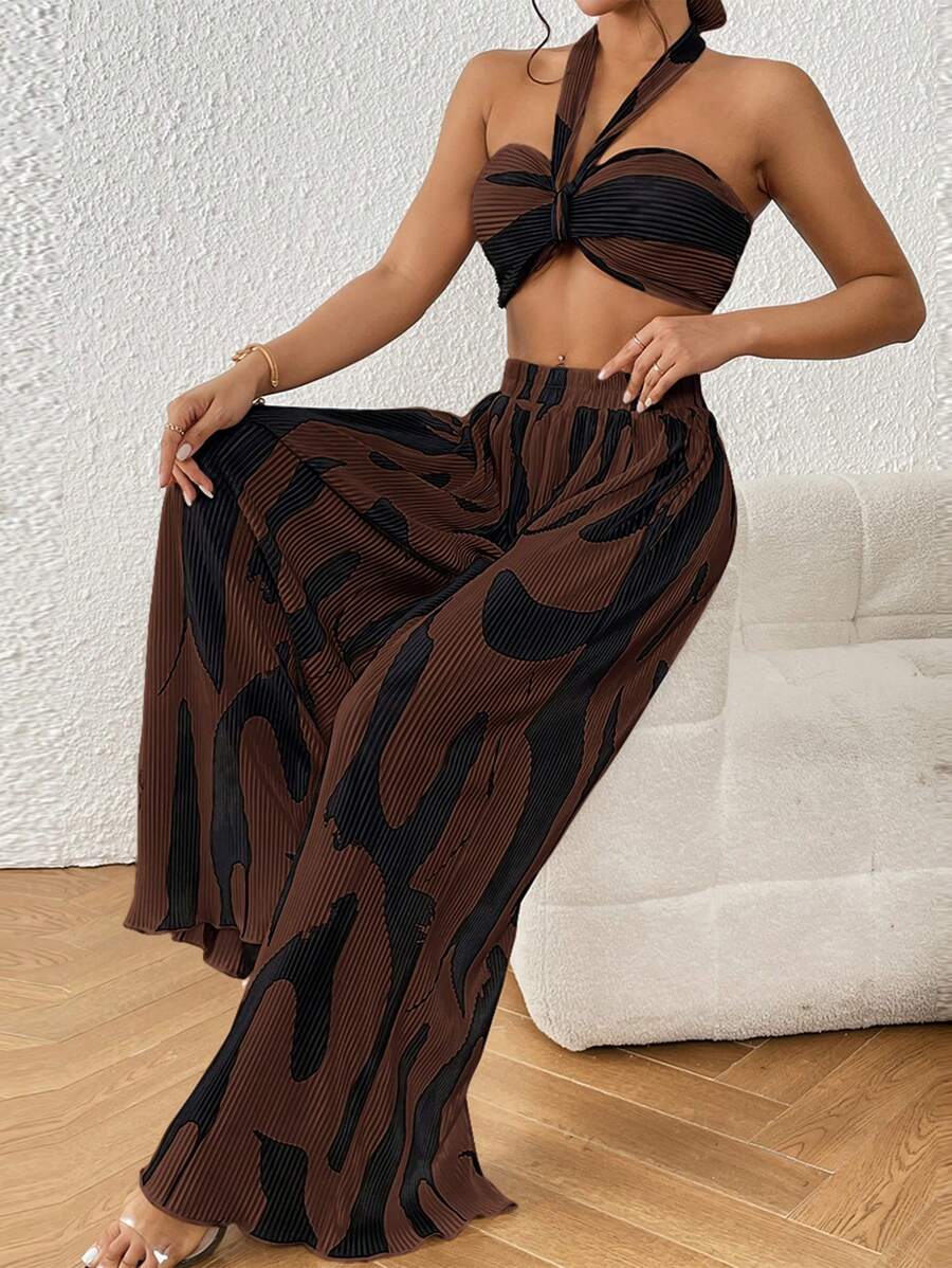 Firerie 圖案印花繞頸短上衣&闊腿褲 - 巧克力棕 - 查看 1