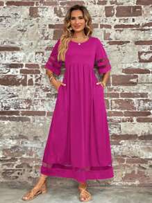 SHEIN LUNE 網紗拼接拼接洋裝 - 玫紅色 - 查看 3