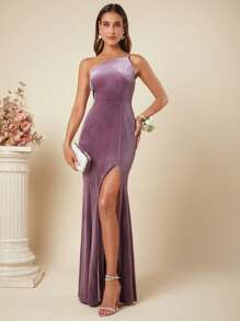 SHEIN Belle One Shoulder Split Thigh Velvet Dress - Dusty Blue - View 1