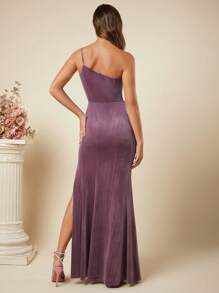 SHEIN Belle One Shoulder Split Thigh Velvet Dress - Dusty Blue - View 2