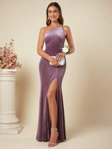 SHEIN Belle One Shoulder Split Thigh Velvet Dress - Dusty Blue - View 3