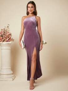 SHEIN Belle One Shoulder Split Thigh Velvet Dress - Dusty Blue - View 6