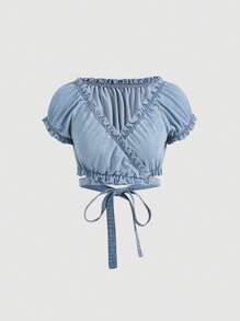 SHEIN MOD Lá sen tỉa Crisscross Buộc lại Ống tay áo Áo Crop  Denim - Rửa nhẹ - Xem 1