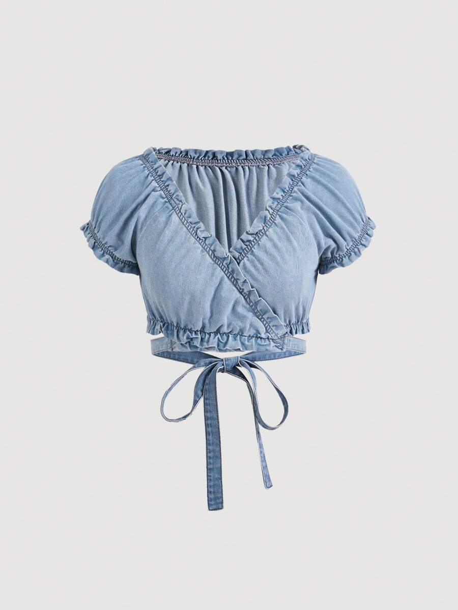 SHEIN MOD Lá sen tỉa Crisscross Buộc lại Ống tay áo Áo Crop Denim - Rửa nhẹ - Xem 1