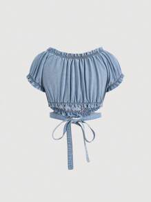 SHEIN MOD Lá sen tỉa Crisscross Buộc lại Ống tay áo Áo Crop  Denim - Rửa nhẹ - Xem 2