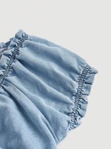SHEIN MOD Lá sen tỉa Crisscross Buộc lại Ống tay áo Áo Crop  Denim - Rửa nhẹ - Xem 4