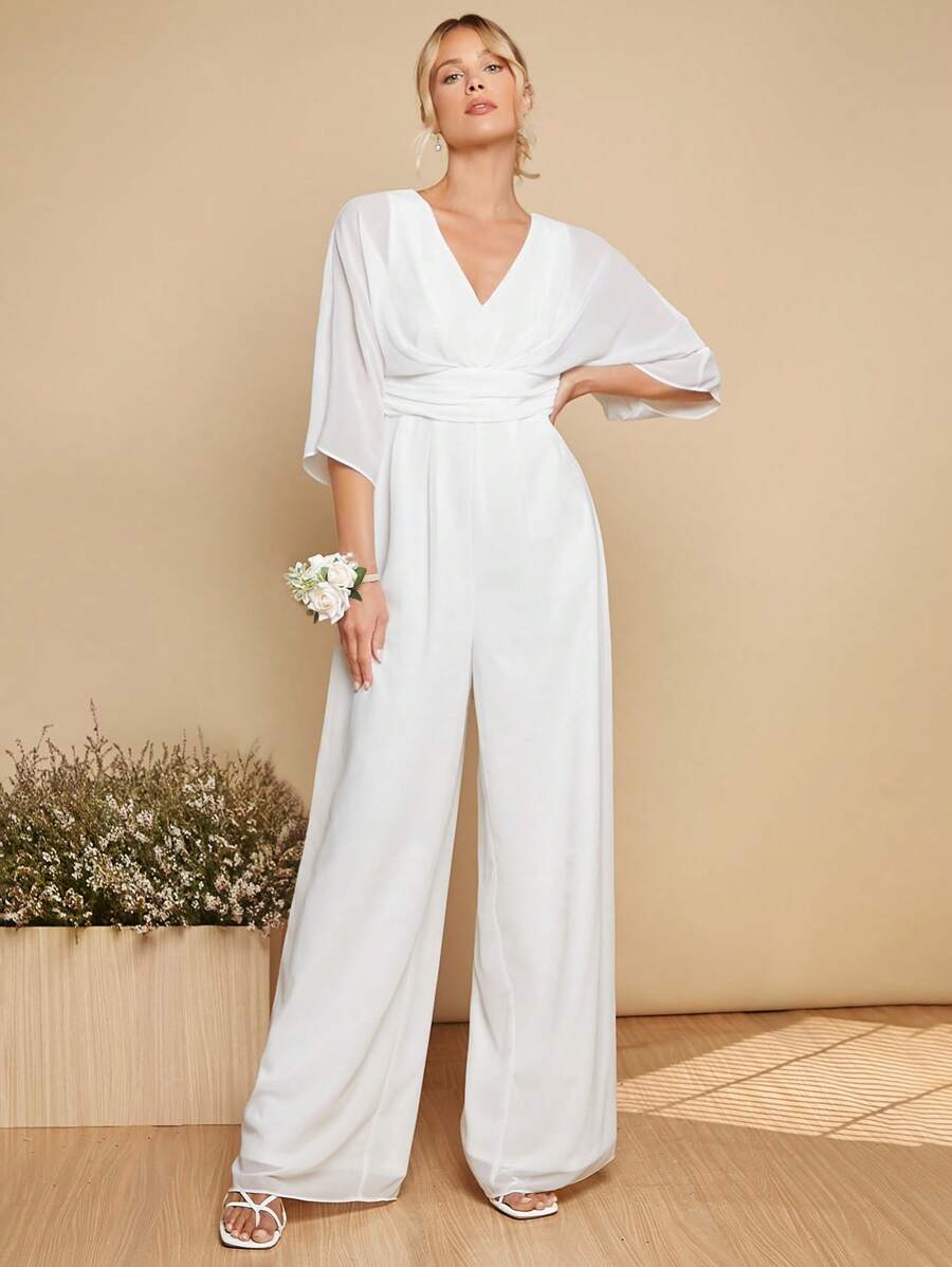 SHEIN Belle Solid Batwing Sleeve Wide Leg Jumpsuit