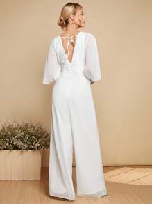 SHEIN Belle Solid Batwing Sleeve Wide Leg Jumpsuit - White - View 3