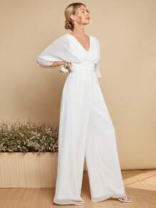 SHEIN Belle Solid Batwing Sleeve Wide Leg Jumpsuit - White - View 7