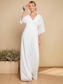 SHEIN Belle Solid Batwing Sleeve Wide Leg Jumpsuit - White - View 8