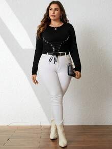 Celure Plus Grommet Lace Up Front Sweater - Black - View 4