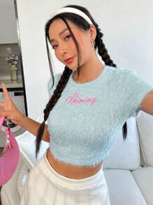 SHEIN EZwear 字母刺繡短款毛茸茸T恤 - 藍色 - 查看 4