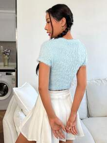 SHEIN EZwear 字母刺繡短款毛茸茸T恤 - 藍色 - 查看 2