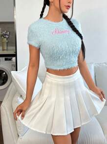 SHEIN EZwear 字母刺繡短款毛茸茸T恤 - 藍色 - 查看 1