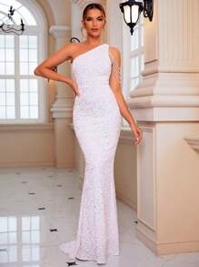 LOVE&LEMONADE One Shoulder Rhinestone Chain Detail Sequin Formal Dress - White - View 1