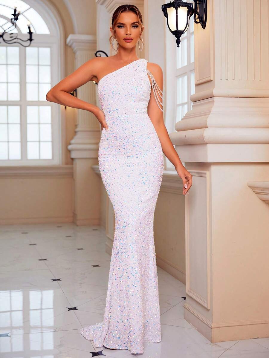 LOVE&LEMONADE One Shoulder Rhinestone Chain Detail Sequin Formal Dress - White - View 1