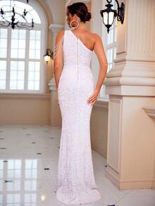 LOVE&LEMONADE One Shoulder Rhinestone Chain Detail Sequin Formal Dress - White - View 2