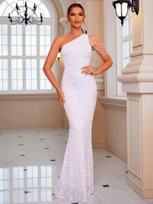 LOVE&LEMONADE One Shoulder Rhinestone Chain Detail Sequin Formal Dress - White - View 3