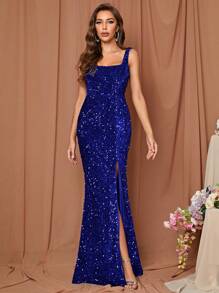 LOVE&LEMONADE Split Thigh Sequin Formal Dress - Royal Blue - View 1