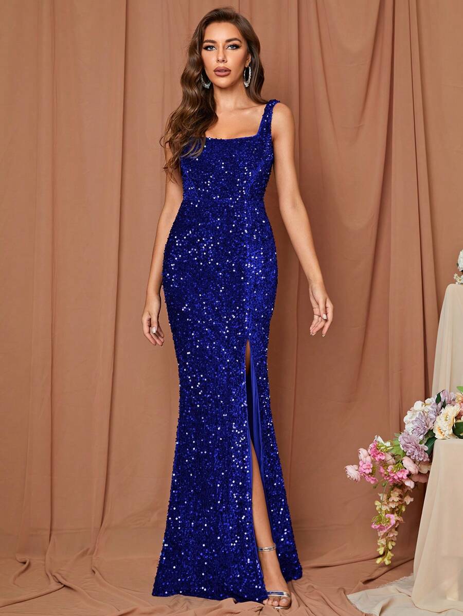 LOVE&LEMONADE Split Thigh Sequin Formal Dress - Royal Blue - View 1